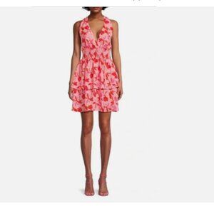 Madden NYC XXL Pink Tropical Floral Halter Top Tiered Dress Vacation